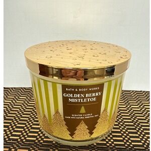 Bath & Body Works Golden Berry Mistletoe 3 Wick Scented Candle 14.5 oz New